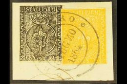 PARMA 1852 10c Black On White And 1853 5c Yellow Orange, Sass 2+6, Very Fine Used Together On Piece With Complete Borgot - Non Classificati