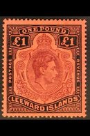 1838 - 1951 £1 Brown Purple And Black On Salmon, Geo VI, Variety "Missing Pearl", SG 114ba, Superb Mint Og, Barest Hint  - Leeward  Islands