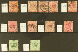JOHORE 1884-1891 OVERPRINTS Used Group On A Stock Card, All Identified By Cat Numbers, Includes 184-91 2c SG 9, SG 10 (x - Altri & Non Classificati