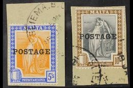 1926 5s And 10s Top Values With "POSTAGE" Overprint, SG 155/156, Each Very Fine Used On Piece With "SLIEMA" Cds. (2 Stam - Malte (...-1964)