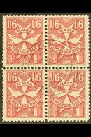 POSTAGE DUES 1925 1s6d Carmine, SG D20, Superb Cds Used BLOCK Of 4, Very Fresh, Scarce Multiple. (4 Stamps) For More Ima - Malta (...-1964)