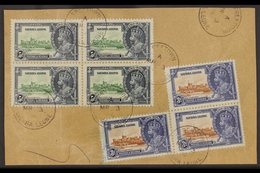 1935 SILVER JUBILEE VARIETY A Large Piece Bearing A Block Of 4 X 5d Green & Indigo (SG 183) & A Joined Trio Of 3d Brown  - Sierra Leona (...-1960)