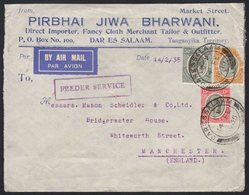 1935 Airmailed Commercial Advert Envelope To Manchester, Franked KGV 15c, 20c (torn) & 50c, Tied DARESSALAAM Date Stamp  - Tanganyika (...-1932)