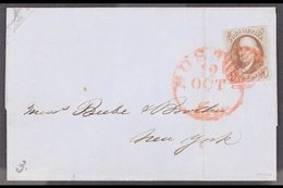 1847 5c Brown, SG 1a, On ELS To New York Tied By Red Grid & Boston Cds With 3 Margins, Just Shaved To Frame At Top, Vert - Andere & Zonder Classificatie