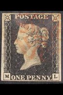 1840 1d Black 'ML' Plate 6, SG 2, Very Fine Used With 4 Margins, Red MC Cancel. For More Images, Please Visit Http://www - Non Classés