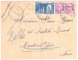 PARIS XIII Av Italie Pneumatique 45F  Montreuil Paris XX Pyrénées Ob 12 1950 10F Violet Gandon 25F Wandrille Yv 813 842 - Storia Postale