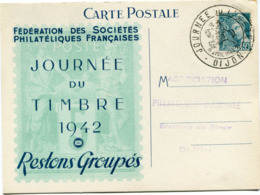 FRANCE CARTE POSTALE FEDERATION DES...... JOURNEE DU TIMBRE 1942 AVEC OBLITERATION ILLUSTREE DIJON 19 AVRIL 1942 - 1938-42 Mercurius