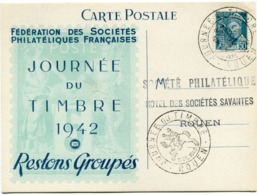 FRANCE CARTE POSTALE FEDERATION DES...... JOURNEE DU TIMBRE 1942 AVEC OBLITERATION ILLUSTREE ROUEN 19 AVRIL 1942 - 1938-42 Mercure