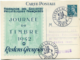 FRANCE CARTE POSTALE FEDERATION DES...... JOURNEE DU TIMBRE 1942 AVEC OBLITERATION ILLUSTREE PARIS 19 AVRIL 1942 - 1938-42 Mercurius