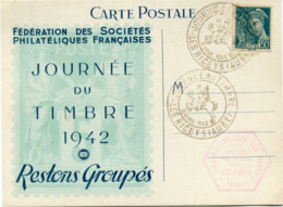 FRANCE CARTE POSTALE FEDERATION DES...... JOURNEE DU TIMBRE 1942 AVEC OBLITERATION ILLUSTREE LES RICEYS 19 AVRIL 1942 - 1938-42 Mercurio