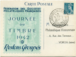 FRANCE CARTE POSTALE FEDERATION DES...... JOURNEE DU TIMBRE 1942 AVEC OBLITERATION ILLUSTREE VOIRON 19 AVRIL 1942 - 1938-42 Mercurio