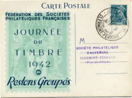 FRANCE CARTE POSTALE FEDERATION...... JOURNEE DU TIMBRE 1942 AVEC OBLITERATION ILLUSTREE CLERMONT-FERRAND 19 AVRIL 1942 - 1938-42 Mercure