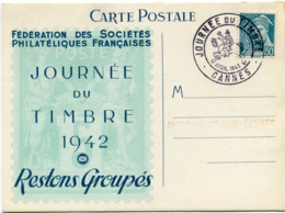 FRANCE CARTE POSTALE FEDERATION DES...... JOURNEE DU TIMBRE 1942 AVEC OBLITERATION ILLUSTREE CANNES 19 AVRIL 1942 - 1938-42 Mercurius