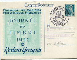 FRANCE CARTE POSTALE FEDERATION DES...... JOURNEE DU TIMBRE 1942 AVEC OBLITERATION ILLUSTREE CHAUMONT 19 AVRIL 1942 - 1938-42 Mercurio