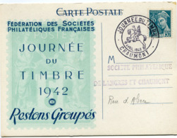 FRANCE CARTE POSTALE FEDERATION DES...... JOURNEE DU TIMBRE 1942 AVEC OBLITERATION ILLUSTREE CHAUMONT 19 AVRIL 1942 - 1938-42 Mercure