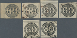 Brasilien: 1843, Bull's Eyes, 60r. Black, Lot Of Six Stamps (five Used And One Unused No Gum, The La - Gebraucht