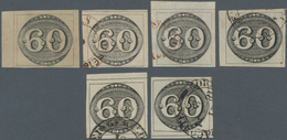 Brasilien: 1843, Bull's Eyes, 60r. Black, Lot Of Six Stamps (five Used And One Unused No Gum, The La - Oblitérés