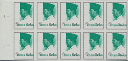 Indonesien: 1966, President Sukarno 1rp. Brown/green Lot With 30 IMPERFORATE Stamps In Three Blocks - Indonesië