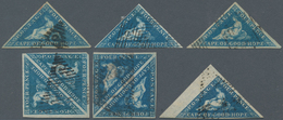 Kap Der Guten Hoffnung: 1855/860, TRIANGULARS, 4d. Blue, Specialised Group Of Nine Stamps Incl. Two - Kap Der Guten Hoffnung (1853-1904)