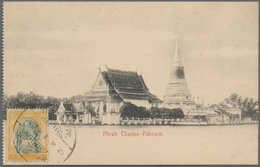 Thailand: 1900-1930 Five Siamese Picture Postcards, With 'Phrah Chadee-Paknam' Ppc Franked By 1a. An - Thaïlande