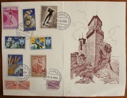 San Marino 1959: Folder Illustrato Con Francobolli Tematica Diversi & Vedute - Con O REPUBBLICA DI SAN MARINO 26.6.1959 - Storia Postale