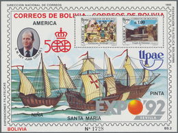 Thematik: Schiffe-Segelschiffe / Ships-sailing Ships: 1990, BOLIVIA: 500 Years Of Discovery Of Ameri - Schiffe