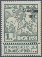 Belgien: 1911, Caritas 1c. (+1c.) Grey With Black Opt. ‚CHARLEROI 1911‘ In A Lot With 90 Single Stam - Verzamelingen