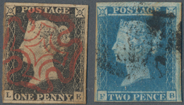 Großbritannien: 1840, 1d. Black, Lettered L-E, And 2d. Blue, Lettered F-B, Both Used, 1d. Black With - Sonstige & Ohne Zuordnung