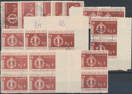 Italien: 1944, Republika Sociale "KG.1" Brown 88 Stamps Used Blocks, Pairs And Singles. Sassone Cata - Lotti E Collezioni