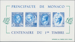 Monaco: 1985, Stamp Centenary Souvenir Sheet, Epreuve De Luxe On Thick Unwatermarked Paper And PTT I - Usados