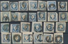 Portugal: 1855/1856, PEDRO V., 25 Reis Blue "straight Hair" (Mi.6 I/II, CE #6/7), Lot With 26 Used S - Autres & Non Classés