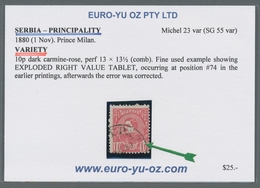 Serbien: 1880, Definitives "Milan", Specialised Assortment Of 32 Stamps Incl. Complete Set Blocks Of - Servië