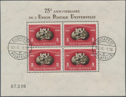 Ungarn: 1950, 75th Anniversary Of UPU, Lot Of Four Souvenir Sheets: Perf. Sheet MNH, Used And On F.d - Storia Postale