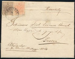 1854 3kr + 6kr Távolsági Levélen (regiszterhajtás) 'KESZTHELY' - 'VESZPRIM' - 'PESTH' - Autres & Non Classés