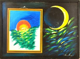 Róna Jelzéssel: Hold és A Nap. Olaj, Farost, Keretben, 53×73 Cm - Sonstige & Ohne Zuordnung