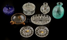 Különféle Kis üveg Tárgyak: Vázak, Tálkák (kettő Jelzett), Bonbonier, Csorba Nélkül, M:7-11 Cm, D:8,5-13×11 Cm összesen: - Verre & Cristal