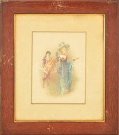 Cca 1880 Arisztokrata Hölgy Ifjúval, Selyemkép (nyomat), Hibás Antik Keretben, 20×15 Cm - Sonstige & Ohne Zuordnung