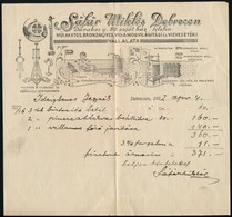 1922 Debrecen, Sáfár Miklós Műlakatos, Bronzműves, Villamosvilágítási és Vízvezetéki Vállalata Fejléces Számlája - Unclassified