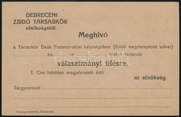 1918 Meghívó A Debreceni Zsidó Társaskör Választmányi ülésére - Ohne Zuordnung