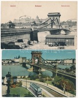 * Budapest, Lánchíd - 2 Db Régi Városképes Lap, Az Egyiken Villamossal / 2 Pre-1945 Town-view Postcards - Ohne Zuordnung