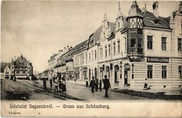 T3 1908 Segesvár, Schässburg, Sighisoara; Utca, Villamossín, H. Schullerus üzlete. Kiadja Vándory / Street View, Tramway - Ohne Zuordnung
