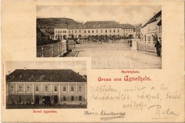 T2/T3 1901 Szentágota, Agnetheln, Agnita;  Marktplatz, Hotel Agnetha / Piac Tér, Piaci árusok, üzletek, Agnetha Szálloda - Ohne Zuordnung