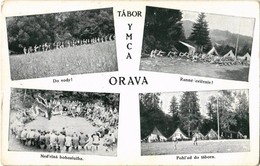 T2/T3 Árvaváralja, Oravsky Podzámok; Tábor YMCA. Do Vody! Ranné Cvicenie! Nedelná Bohosluzba. Pohlad Do Tábora. / Keresz - Ohne Zuordnung