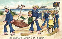 T3/T4 The Germans Landing In Britain, Aye-Ready / WWI British-German Naval Art Postcard With Mariners And Wilhelm II. Li - Ohne Zuordnung