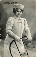 T3 1912 Boldog Újévet! / Winter Sport, New Year Greeting Card, Lady With Sled (kis Szakadás / Small Tear) - Non Classés