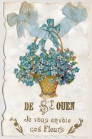 * T2/T3 De St Ouen Je Vous Envoie Ces Fleurs / Flowers, Textile Greeting Card, Emb., Golden Decoration - Non Classificati