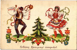 T2 1950 'Kellemes Karácsonyi ünnepeket', üdvözlőlap, Pár Népviseletben / Christmas Greeting Card, Hungarian National Cos - Sin Clasificación