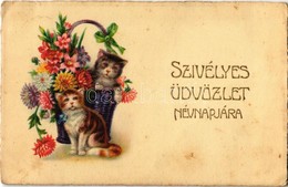 T2/T3 1936 'Szívélyes üdvözlet Névnapjára', üdvözlőlap, Dombornyomat / Name Day Greeting Card, Cats, Flowers, Emb. Litho - Non Classés