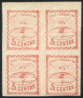 ARGENTINA: GJ.4c, 5c. Large Figures, Corner Block Of 4 With VARIETY: Without Frame Line, Top And Left Border", Excellent - Autres & Non Classés