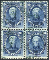 ARGENTINA: GJ.44, 1867 90c. Saavedra, Block Of 4 With Blue Cancel "Oficina De Franqueo - Santa Fe", Excellent Quality!" - Altri & Non Classificati